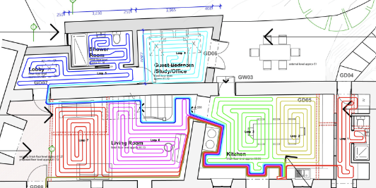 Cornwall stone cottage — UFH pipe layout CAD drawing